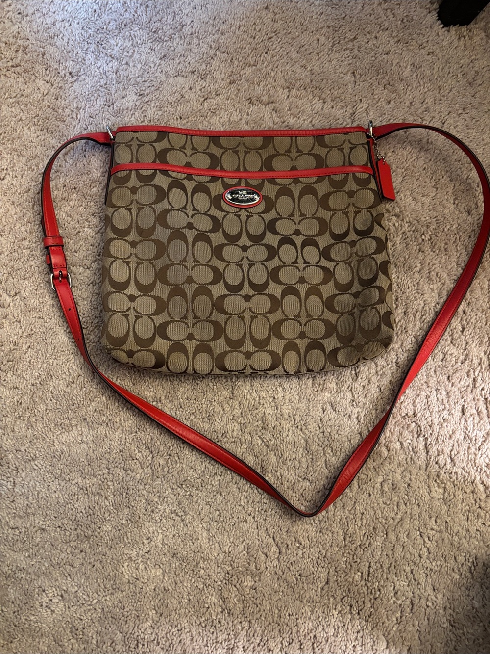Coach Khaki Signature Crossbody with Red Trim